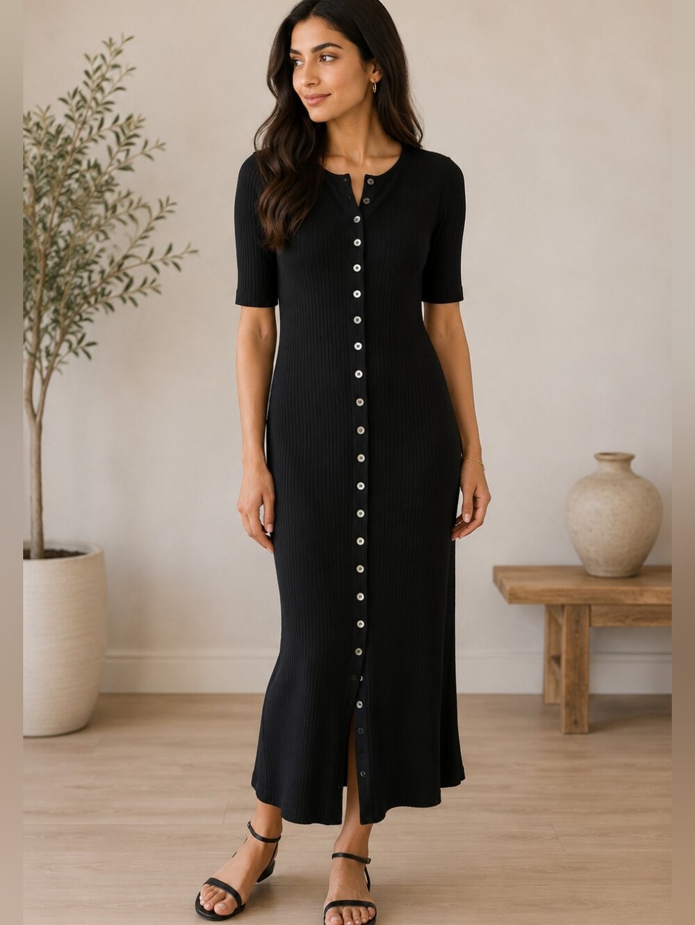 Stateside Black Ribbed Button Front Maxi Dress Medium Made in USA (0252)